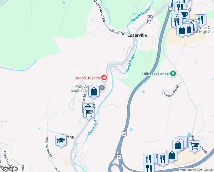 map of restaurants, bars, coffee shops, grocery stores, and more near 786 Park Avenue Northeast in Norton