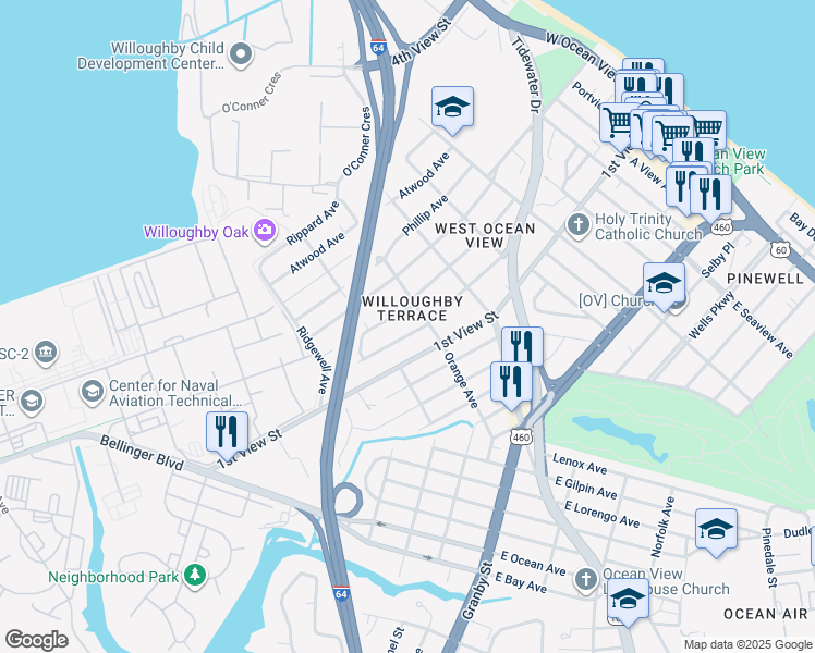 map of restaurants, bars, coffee shops, grocery stores, and more near 9281 Peachtree Street in Norfolk