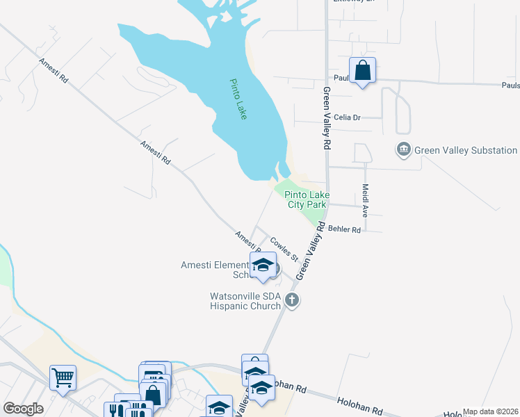 map of restaurants, bars, coffee shops, grocery stores, and more near 130 Cowles Street in Watsonville