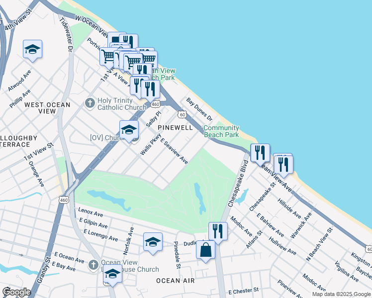 map of restaurants, bars, coffee shops, grocery stores, and more near 9610 Sherwood Place in Norfolk