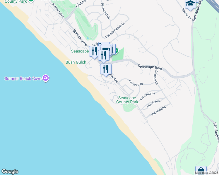 map of restaurants, bars, coffee shops, grocery stores, and more near 450 Seascape Resort Drive in Aptos