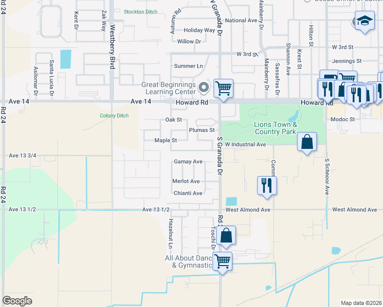 map of restaurants, bars, coffee shops, grocery stores, and more near 2796 Desert Ranch Way in Madera