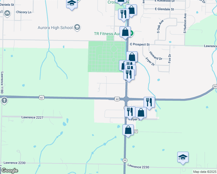 map of restaurants, bars, coffee shops, grocery stores, and more near 2031 South Madison Avenue in Aurora