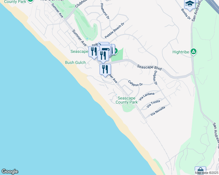 map of restaurants, bars, coffee shops, grocery stores, and more near 452 Seascape Resort Drive in Aptos