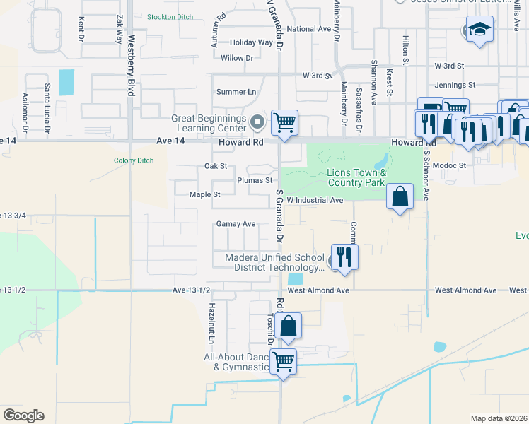 map of restaurants, bars, coffee shops, grocery stores, and more near 2646 Desert Ranch Way in Madera