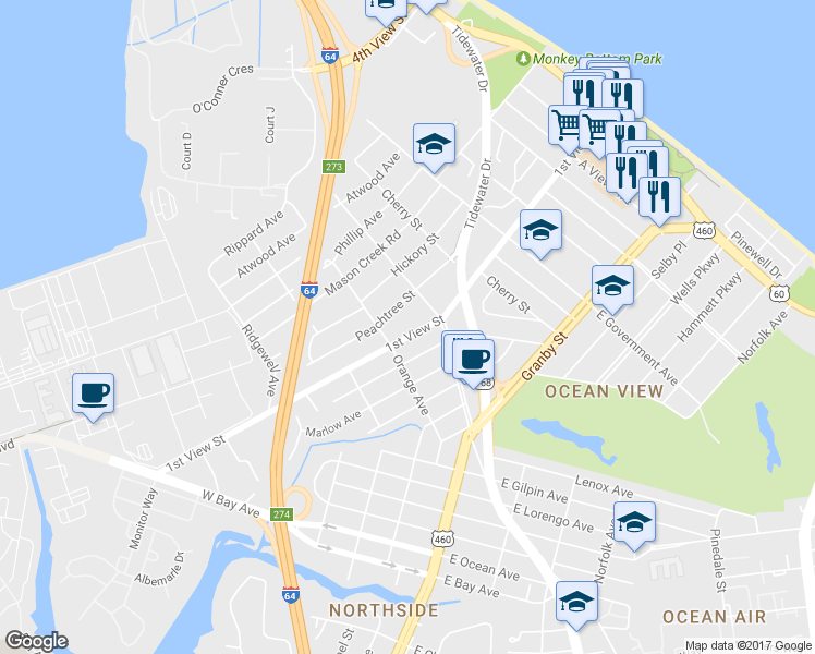 map of restaurants, bars, coffee shops, grocery stores, and more near 9319 1st View Street in Norfolk