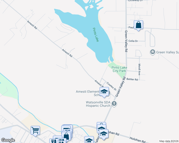 map of restaurants, bars, coffee shops, grocery stores, and more near 142 Amesti Road in Watsonville