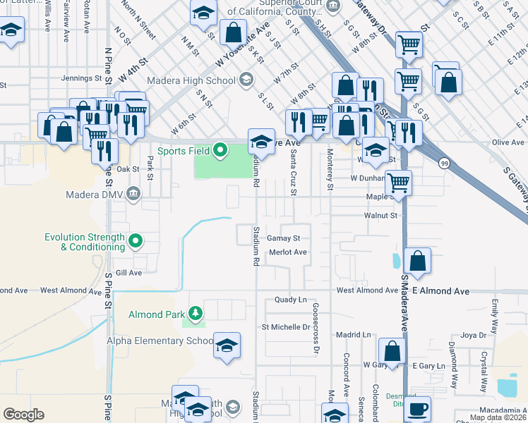 map of restaurants, bars, coffee shops, grocery stores, and more near 307 Stadium Road in Madera