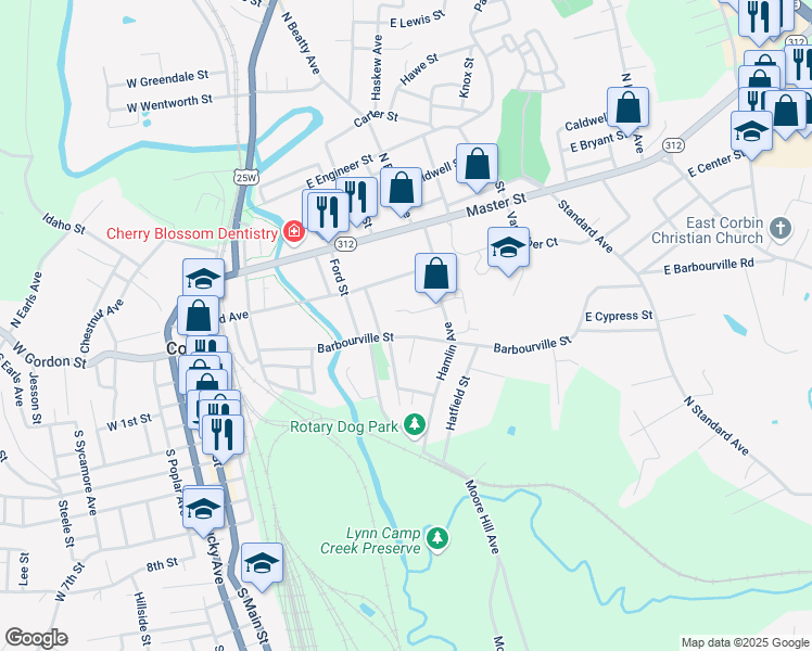 map of restaurants, bars, coffee shops, grocery stores, and more near 706 Barbourville Street in Corbin