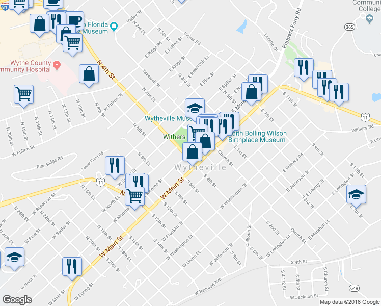 map of restaurants, bars, coffee shops, grocery stores, and more near 275 West Monroe Street in Wytheville