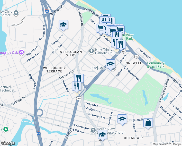map of restaurants, bars, coffee shops, grocery stores, and more near 119 Lafayette Avenue in Norfolk
