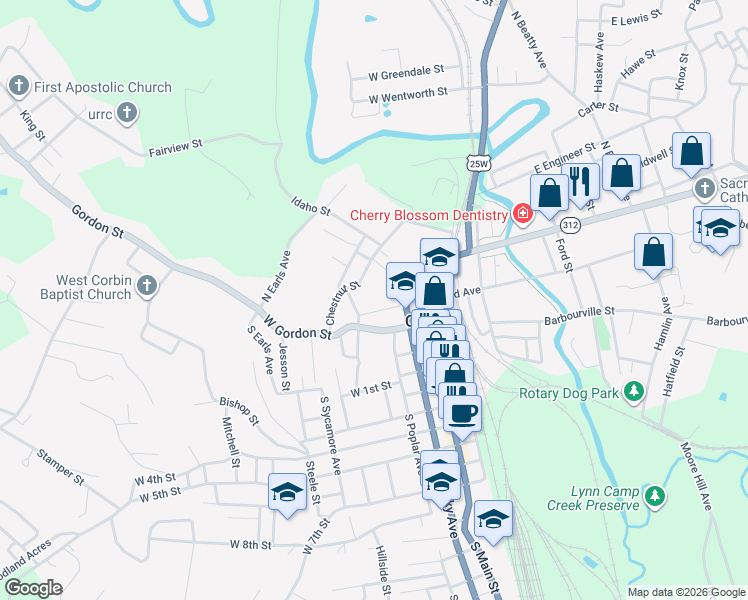 map of restaurants, bars, coffee shops, grocery stores, and more near 208 West Center Street in Corbin