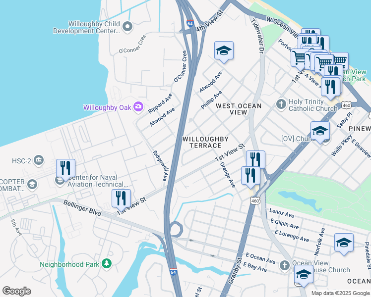 map of restaurants, bars, coffee shops, grocery stores, and more near 9251 Hickory Street in Norfolk