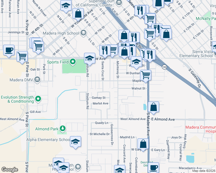map of restaurants, bars, coffee shops, grocery stores, and more near 310 Santa Bonita Street in Madera
