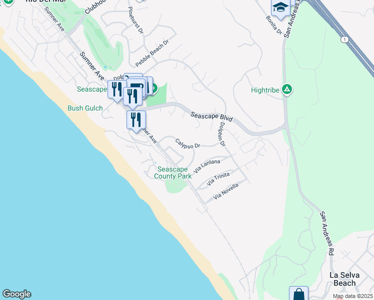 map of restaurants, bars, coffee shops, grocery stores, and more near 1672 Calypso Drive in Aptos