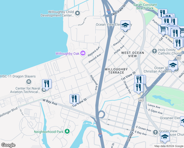 map of restaurants, bars, coffee shops, grocery stores, and more near 9206 Phillip Ave in Norfolk
