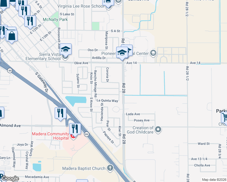 map of restaurants, bars, coffee shops, grocery stores, and more near 1456 Linda Mesa Drive in Madera