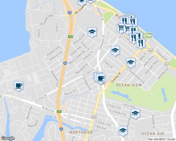 map of restaurants, bars, coffee shops, grocery stores, and more near 9327 1st View Street in Norfolk