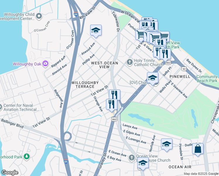 map of restaurants, bars, coffee shops, grocery stores, and more near 190 Maple Avenue in Norfolk