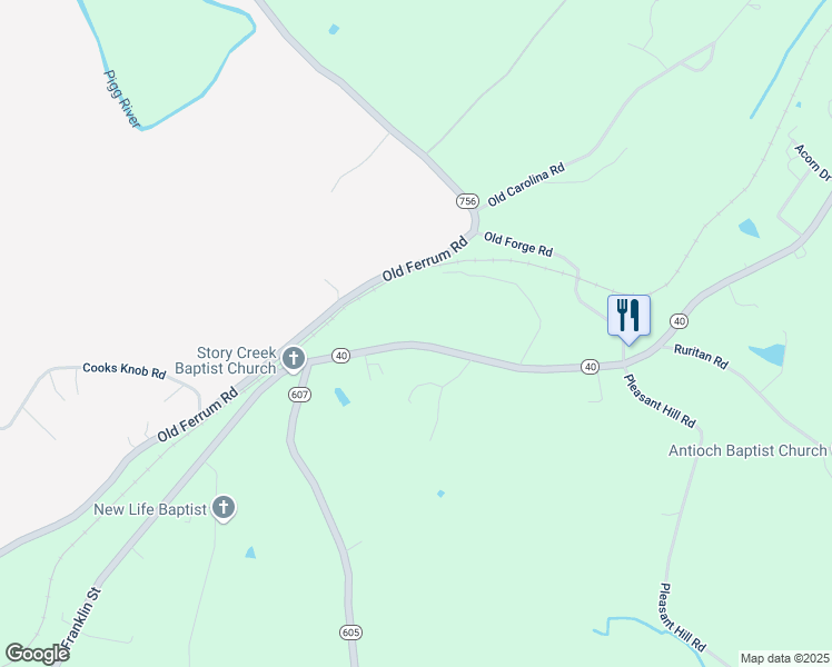 map of restaurants, bars, coffee shops, grocery stores, and more near 5932 Franklin Street in Ferrum