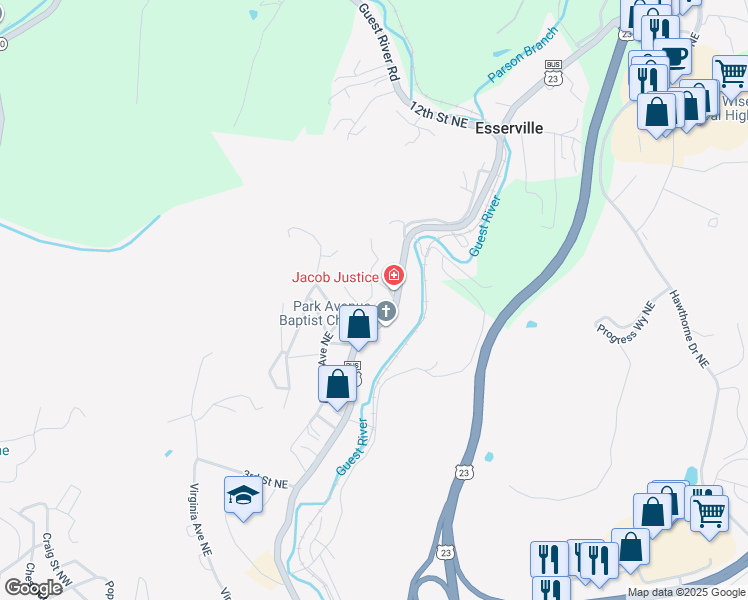 map of restaurants, bars, coffee shops, grocery stores, and more near 726 Virginia Avenue Northeast in Norton
