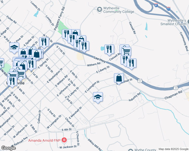 map of restaurants, bars, coffee shops, grocery stores, and more near 755 East Liberty Street in Wytheville