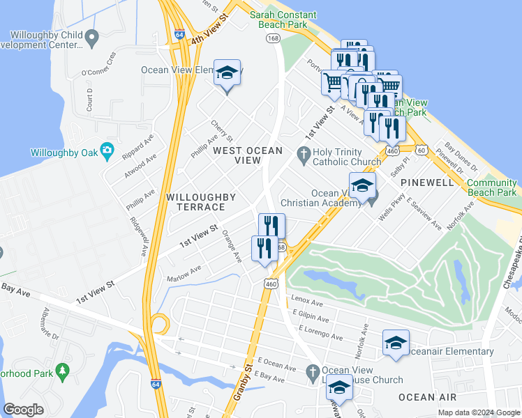 map of restaurants, bars, coffee shops, grocery stores, and more near 191 Maple Avenue in Norfolk