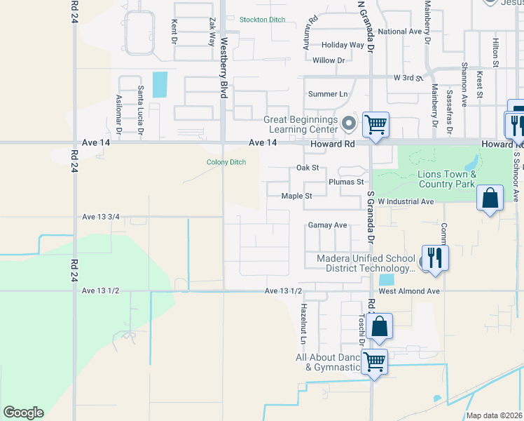 map of restaurants, bars, coffee shops, grocery stores, and more near 248 South Double Tree Way in Madera