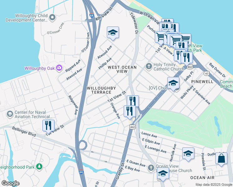 map of restaurants, bars, coffee shops, grocery stores, and more near 9327 1st View Street in Norfolk