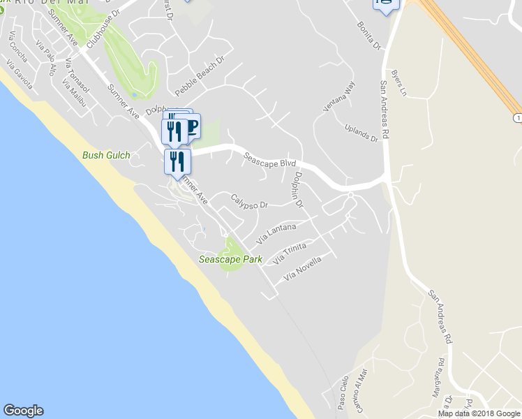 map of restaurants, bars, coffee shops, grocery stores, and more near 190 Vía Medici in Aptos