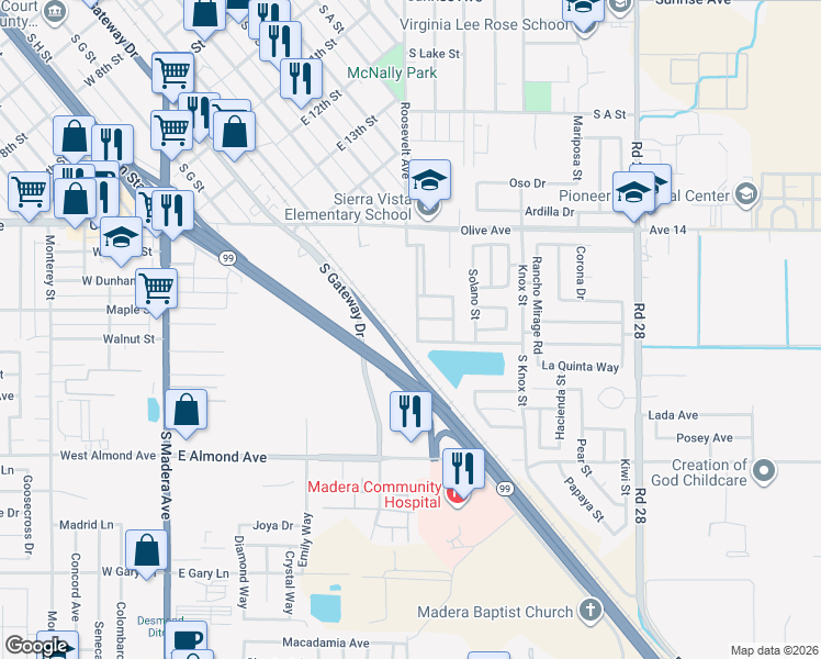map of restaurants, bars, coffee shops, grocery stores, and more near 2046 Varbella Park in Madera