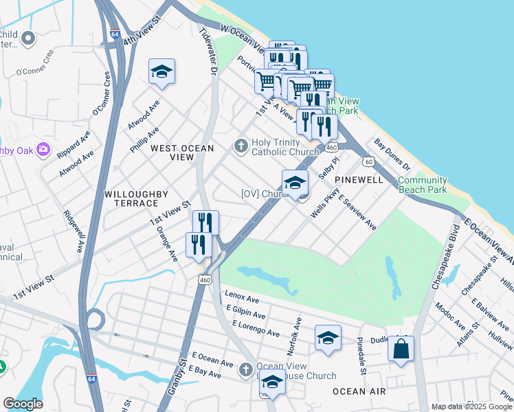 map of restaurants, bars, coffee shops, grocery stores, and more near 9447 Granby Street in Norfolk