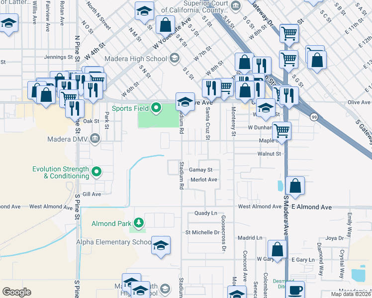 map of restaurants, bars, coffee shops, grocery stores, and more near 307 Stadium Road in Madera