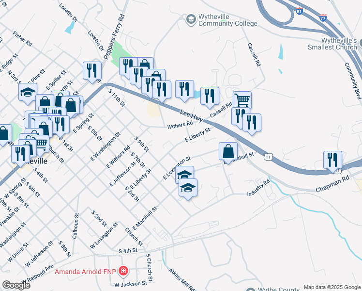 map of restaurants, bars, coffee shops, grocery stores, and more near 755 East Liberty Street in Wytheville