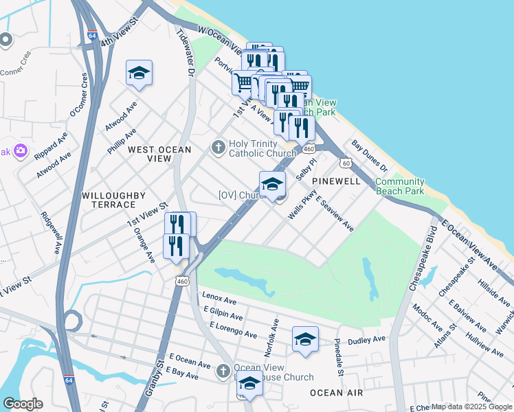 map of restaurants, bars, coffee shops, grocery stores, and more near 9464 Granby Street in Norfolk