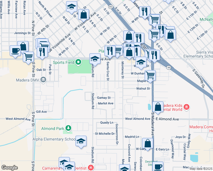 map of restaurants, bars, coffee shops, grocery stores, and more near 308 Santa Cruz Street in Madera