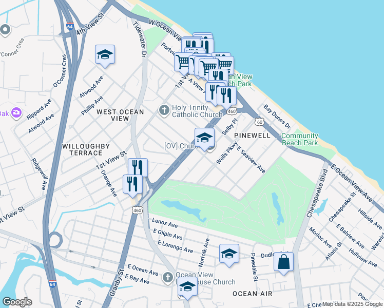 map of restaurants, bars, coffee shops, grocery stores, and more near 9464 Granby Street in Norfolk