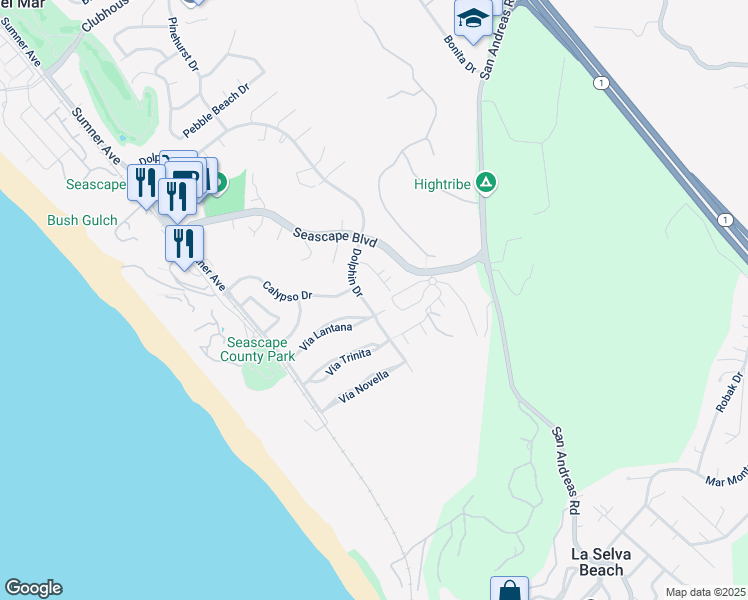 map of restaurants, bars, coffee shops, grocery stores, and more near 2180 Dolphin Drive in Aptos