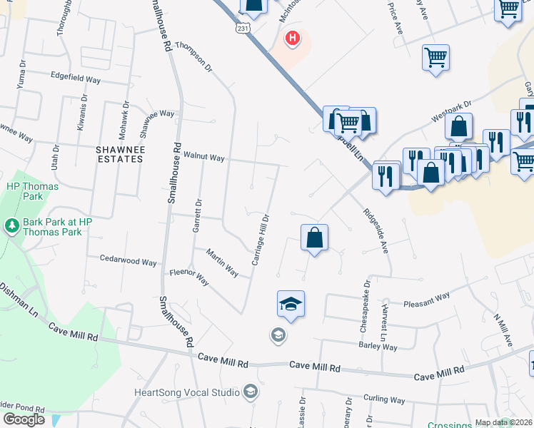 map of restaurants, bars, coffee shops, grocery stores, and more near 2798 Carriage Hill Dr in Bowling Green