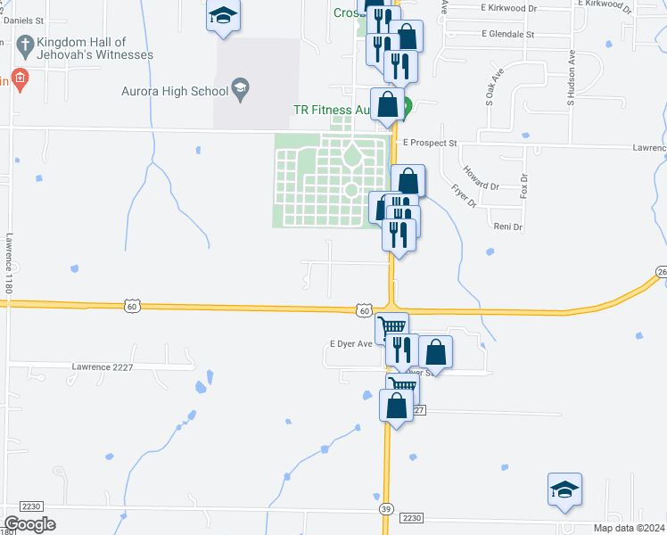 map of restaurants, bars, coffee shops, grocery stores, and more near 2031 South Madison Avenue in Aurora
