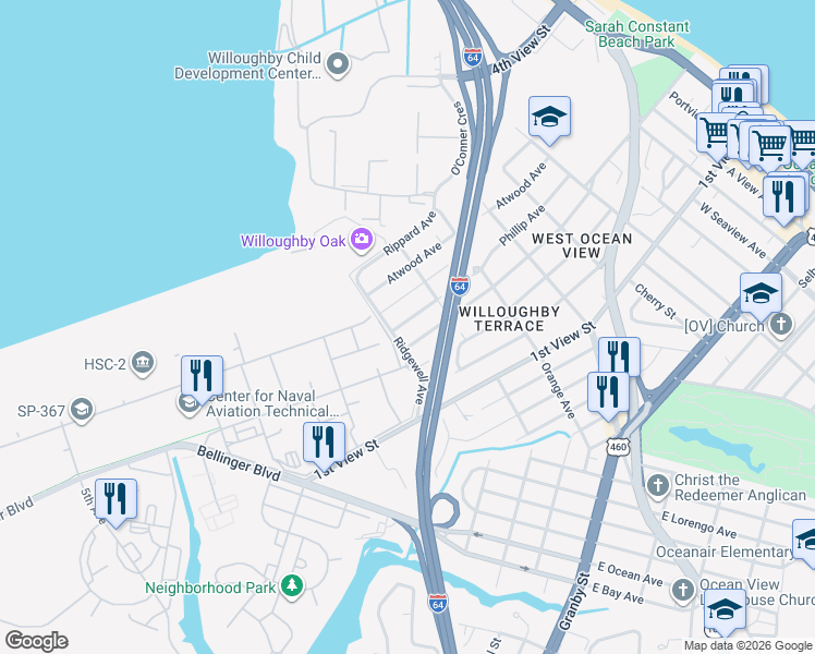 map of restaurants, bars, coffee shops, grocery stores, and more near 9206 Phillip Avenue in Norfolk