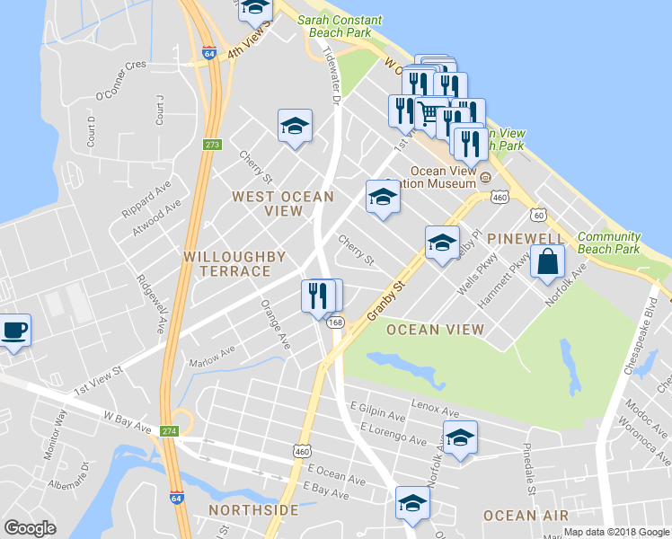 map of restaurants, bars, coffee shops, grocery stores, and more near 147 Lafayette Avenue in Norfolk