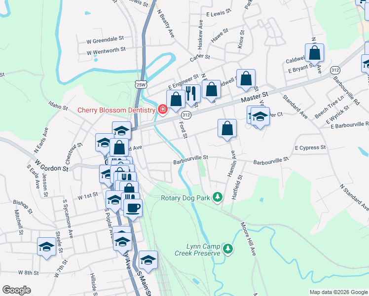map of restaurants, bars, coffee shops, grocery stores, and more near 410 Barbourville Street in Corbin