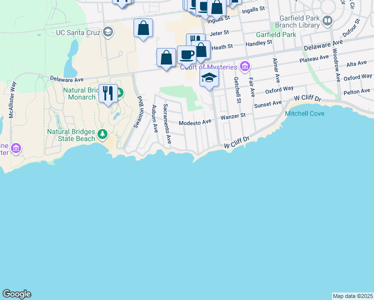map of restaurants, bars, coffee shops, grocery stores, and more near 2 San Jose Avenue in Santa Cruz