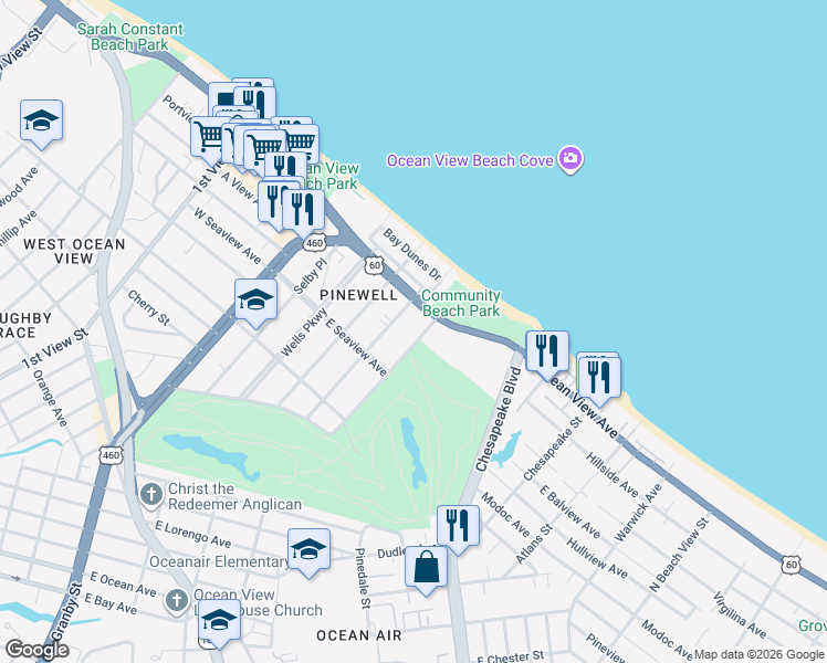 map of restaurants, bars, coffee shops, grocery stores, and more near 9641 Norfolk Avenue in Norfolk