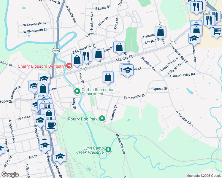 map of restaurants, bars, coffee shops, grocery stores, and more near 225 Hamlin Avenue in Corbin