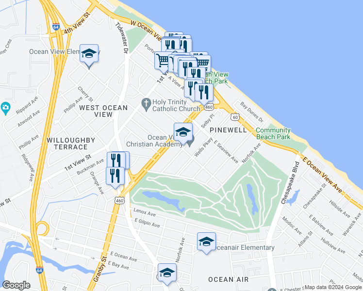 map of restaurants, bars, coffee shops, grocery stores, and more near 9501 Selby Place in Norfolk