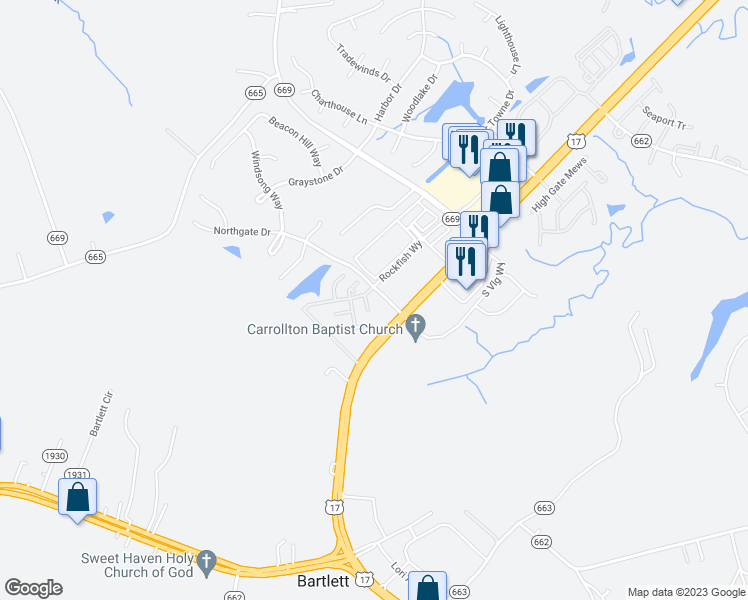 map of restaurants, bars, coffee shops, grocery stores, and more near 107 Herons Cove in Carrollton