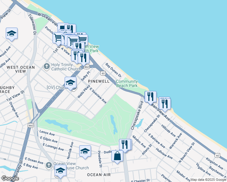 map of restaurants, bars, coffee shops, grocery stores, and more near 9641 Norfolk Avenue in Norfolk