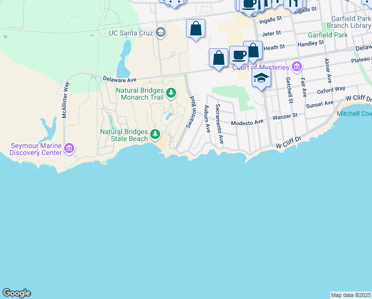 map of restaurants, bars, coffee shops, grocery stores, and more near 2310 West Cliff Drive in Santa Cruz